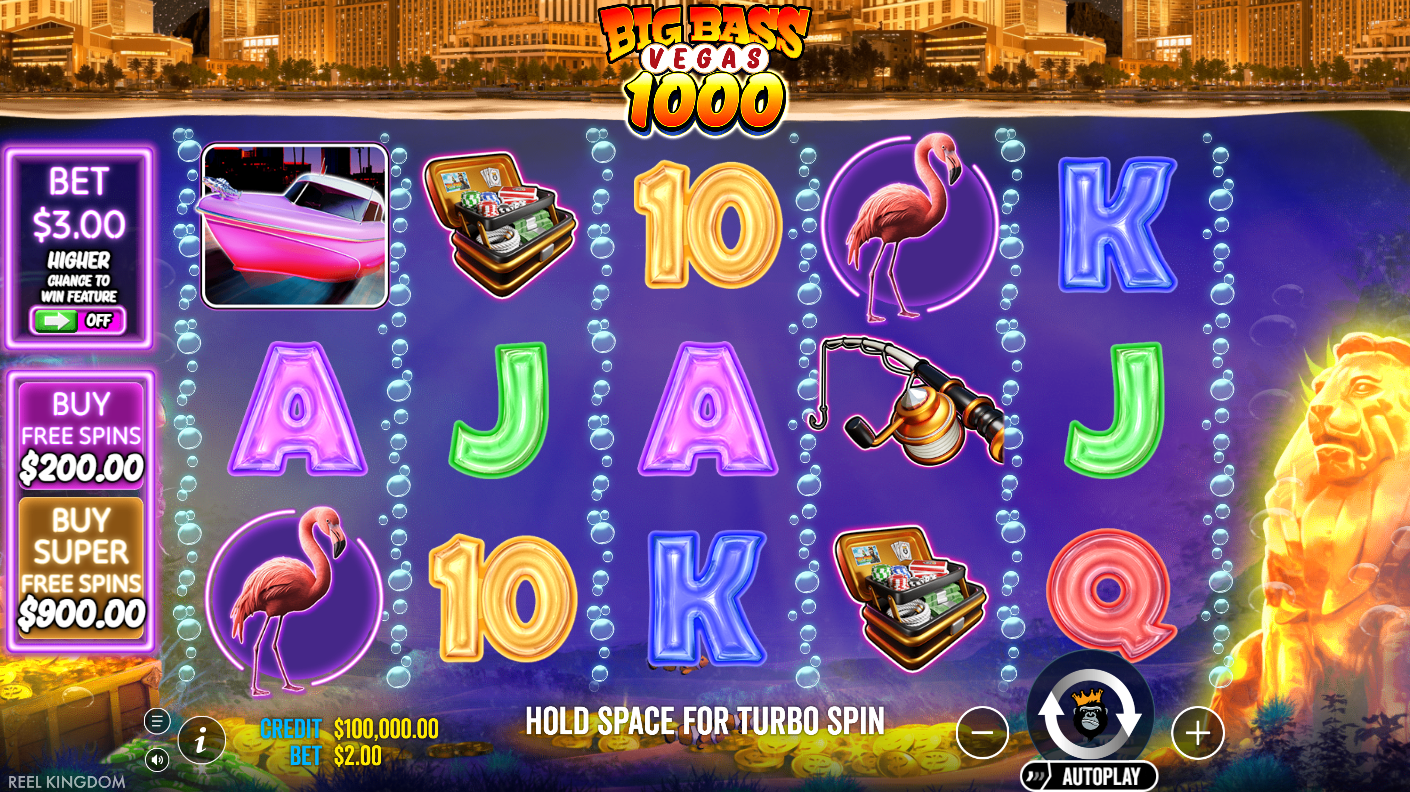 หน้าจอเกมหลัก Big Bass Vegas 1000 พร้อมรูปแบบรีล 5 คูณ 3 และอินเทอร์เฟซ