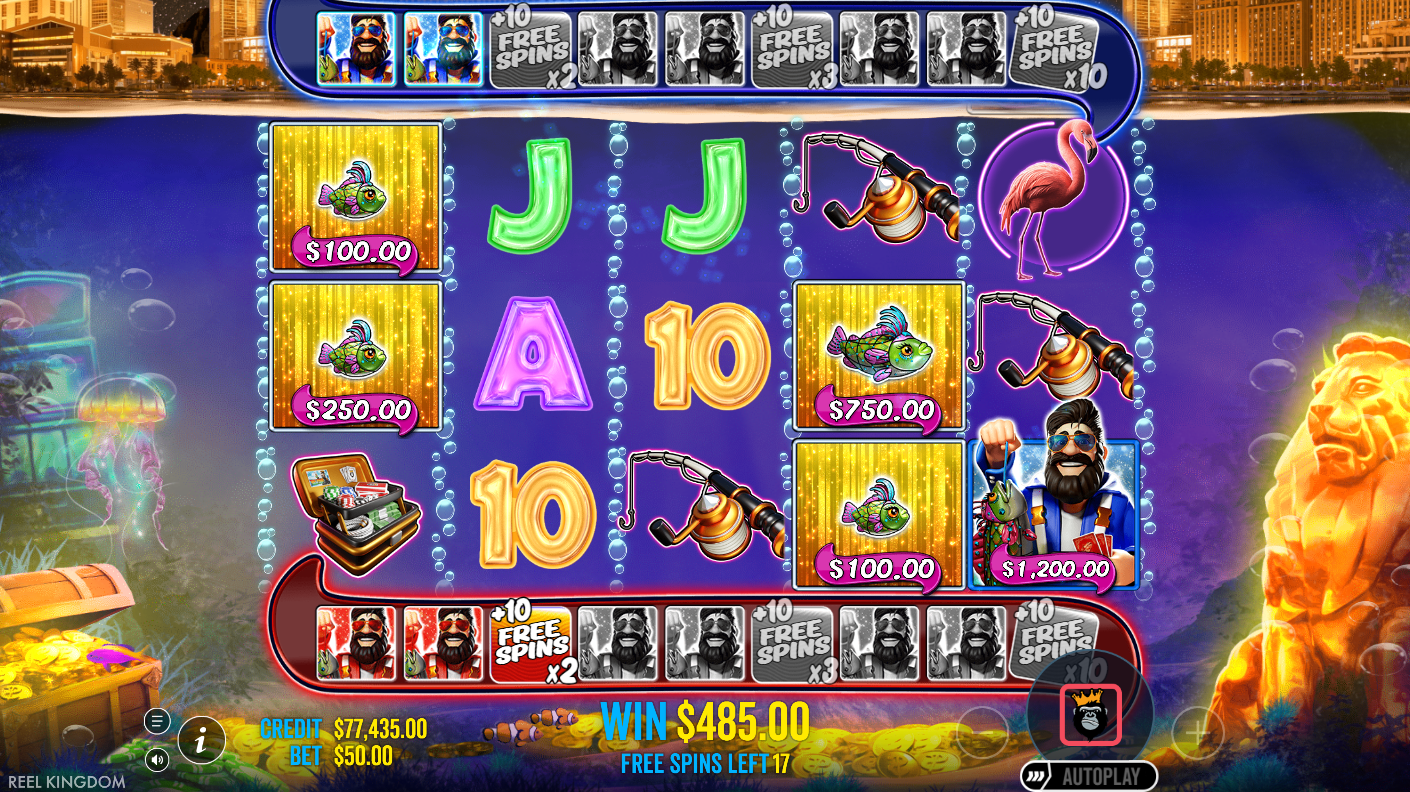 ชาวประมงแดงและน้ำเงินพร้อมแถบความคืบหน้าแยกกันระหว่างฟรีสปิน Big Bass Vegas 1000